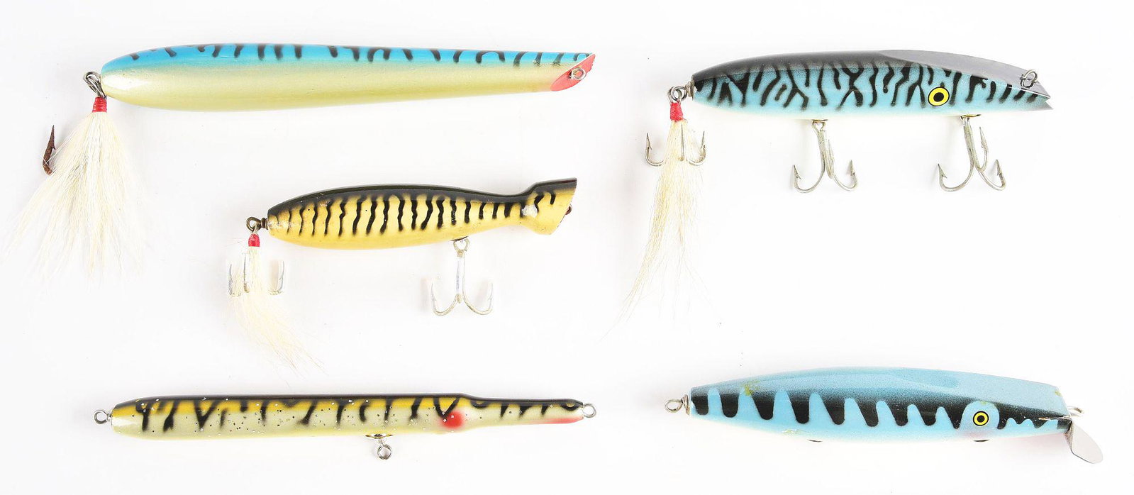 LOT OF 5: FISHING LURES.: 5 nice scalloped Musso darters and other various lures. CONDITION: Near mint.