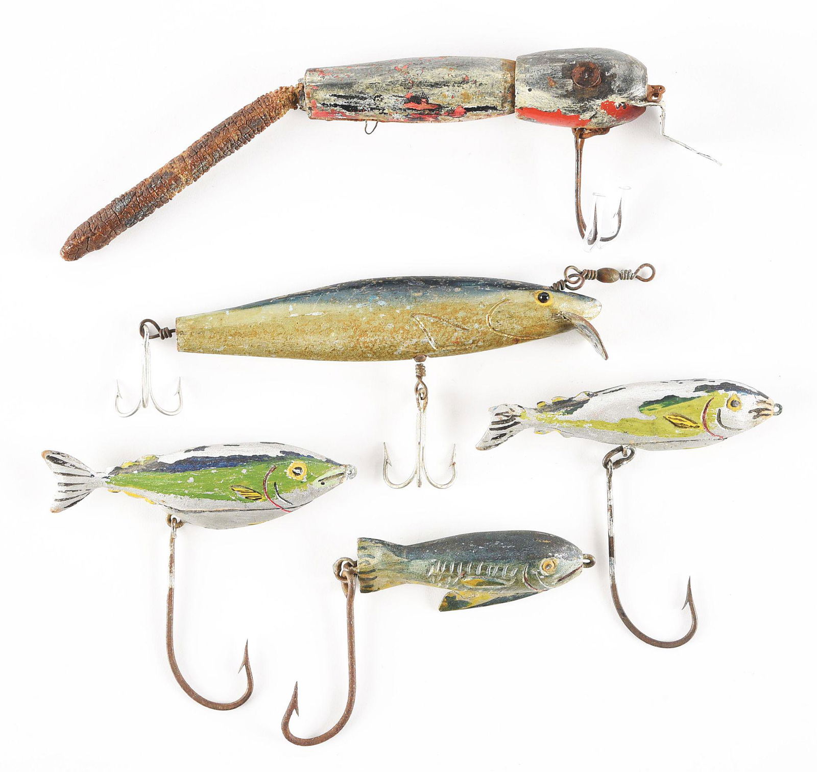 LOT OF 5: EXCEPTIONAL EARLY FOLK ART SALTWATER FISHING: Lot of 5 exceptional early folk art saltwater fishing lures from Martha's Vineyard, Massachusetts. 3 are carved by a famous carver named Benson, 1 is a super jointed eel with rubber tail, and the last