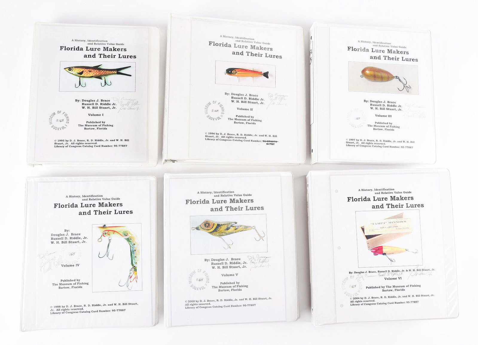 LOT OF 6: MUSEUM OF FISHING BOOKS.: Complete set of "The Museum of Fishing: Florida Luremakers and Their Lures" books, all bound and autographed, marked 1990's, series No. 165.