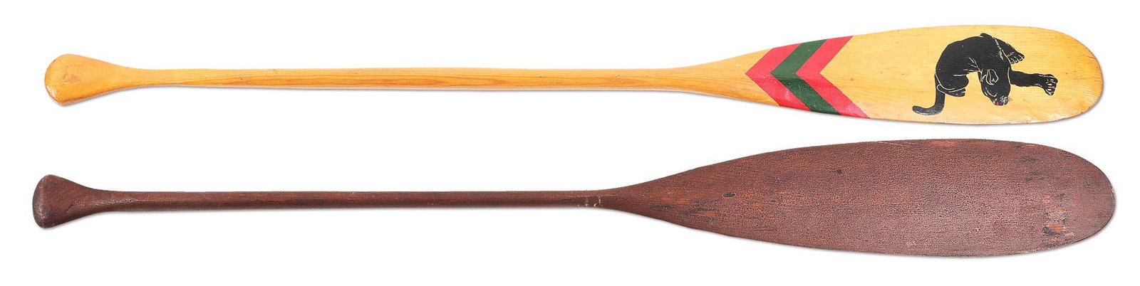 LOT OF 2: CANOE PADDLES.: Lot of 2 early canoe paddles; 1 hand-decorated with a black panther, the other is unmarked. Primitive finish. CONDITION: Very good to excellent.