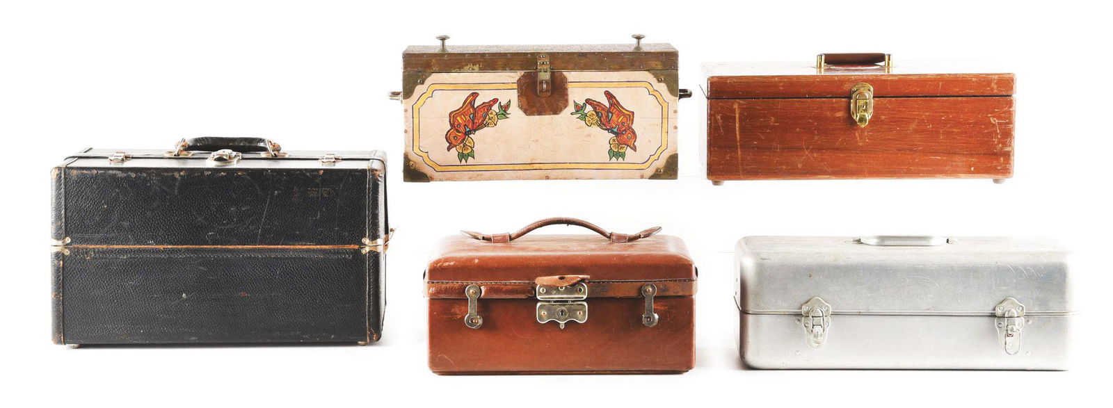 LOT OF 5: TACKLE BOXES.: Lot of 5 vintage fishing tackle boxes. A painted folk art box, a leather covered box, a wooden cedar box from Sports King Montgomery Ward, an aluminum box with rotating spiral, and a very early leathe
