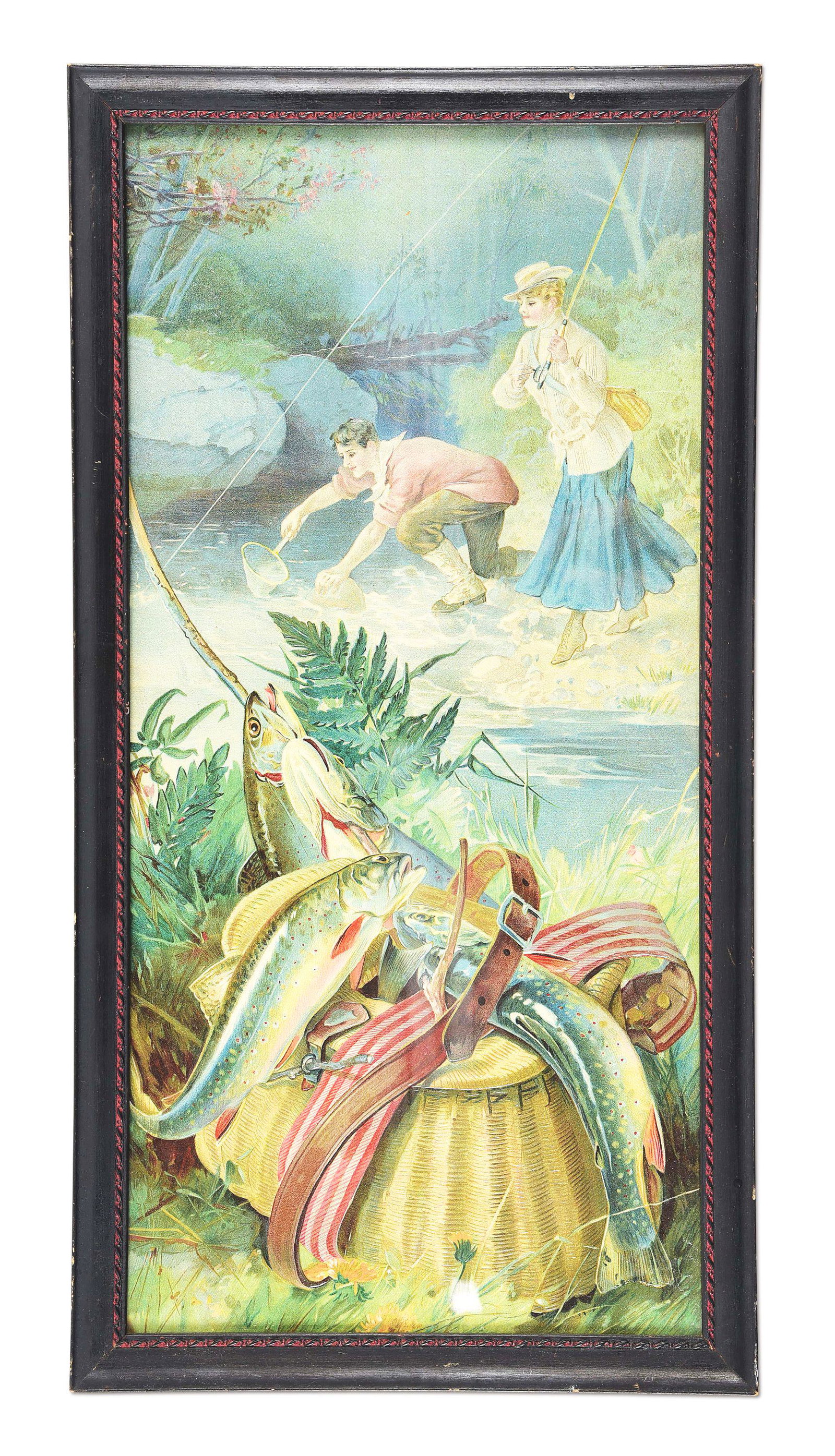 FRAMED FISHING ARTWORK.: Nice framed embossed cardboard fishing themed scene. Depicting four caught fish and Victorian type woman in skirt fly fishing with pole while man uses net. CONDITION: Excellent with nice and bright co
