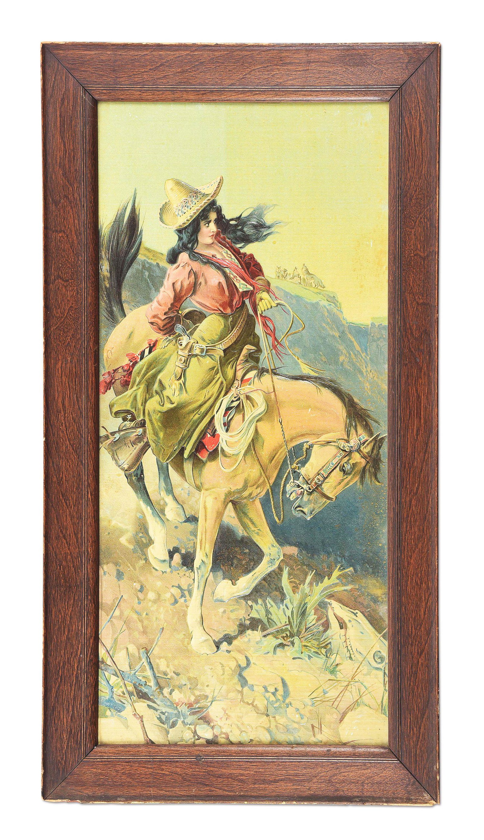 FRAMED HORSEBACK ARTWORK.: Framed embossed Cowgirl on horse western themed artwork. Has bull skull on bottom right and wolves depicted on top of mountain peak with woman riding bronco with 6 shooter. CONDITION: Excellent.