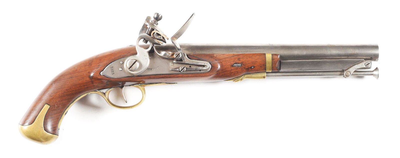 (A) COMPOSITE SECOND MODEL VIRGINIA MANUFACTORY: Patterned after the Model 1805 Harpers Ferry pistol, these fine pistols have 10" round bbl with iron underrib and attached swivel rammer. Mounted in a 1-piece walnut stock, secured with single key thr