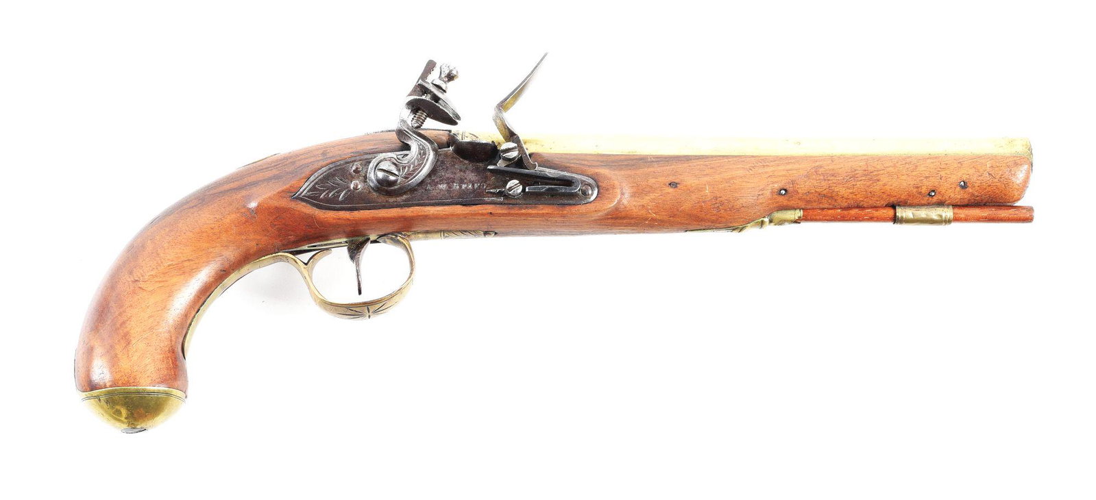(A) A. W. SPIES BRASS BARRELED FLINTLOCK PISTOL.: Brass barrel with British proofs on left side of breech with "LONDON" engraved over breech. Punched dots in a band over breech. Ramrod retained by a single reinforced ferrule. Brass furniture with sim