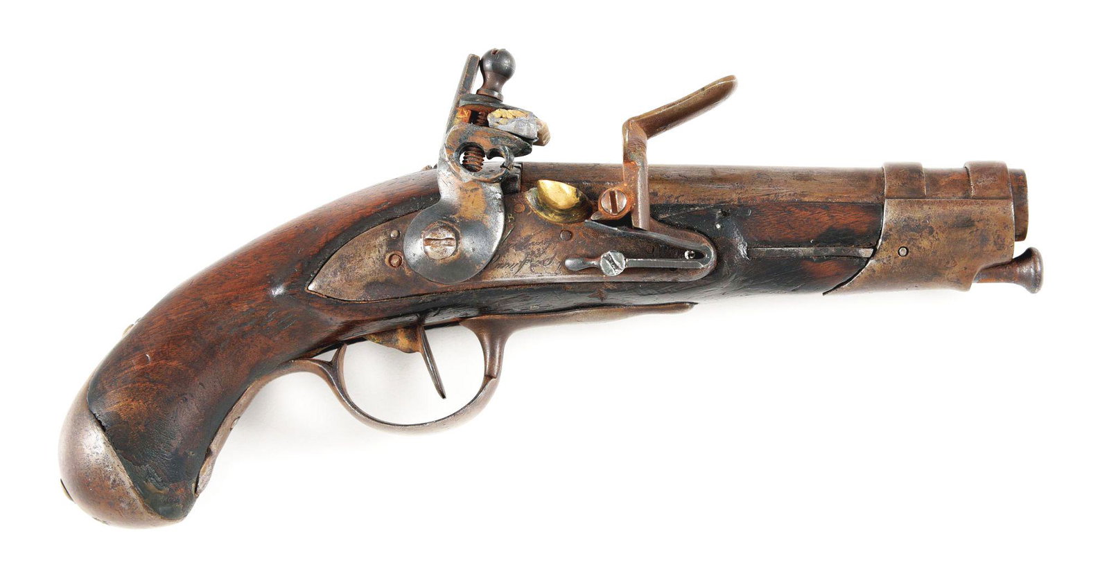 (A) 1811 DATED FRENCH GENDARME MODEL YEAR 9 FLINTLOCK: Made at Maubeuge as per engraving on lock. Spring loaded front band with 2 straps across barrel, iron trumpet head ramrod. Brass pan. Iron furniture with some replaced screws. Dated 1811 on left side 