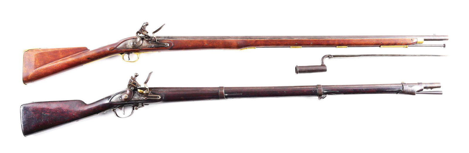 (A) LOT OF 2: REPRODUCTION TOWER BROWN BESS AND PERIOD: Lot consists of: (A) Tower marked Brown Bess reproduction by unknown maker. In the white smoothbore barrel with notched front sight for socket bayonet installation. Tower marked flint lock with "(Crow