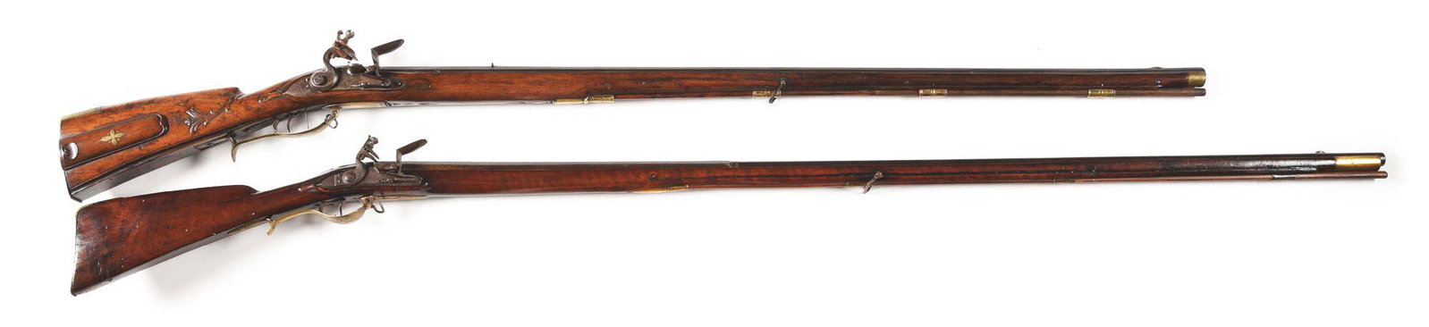 (A) LOT OF 2: FLINTLOCK RIFLE AND FOWLER.: Lot consists of (A) Germanic Flintlock rifle with swamped smoothbore octagonal barrel with sights mounted on top flat and an "IG" cartouche on left side of breech. Large Germanic musket lock with conv