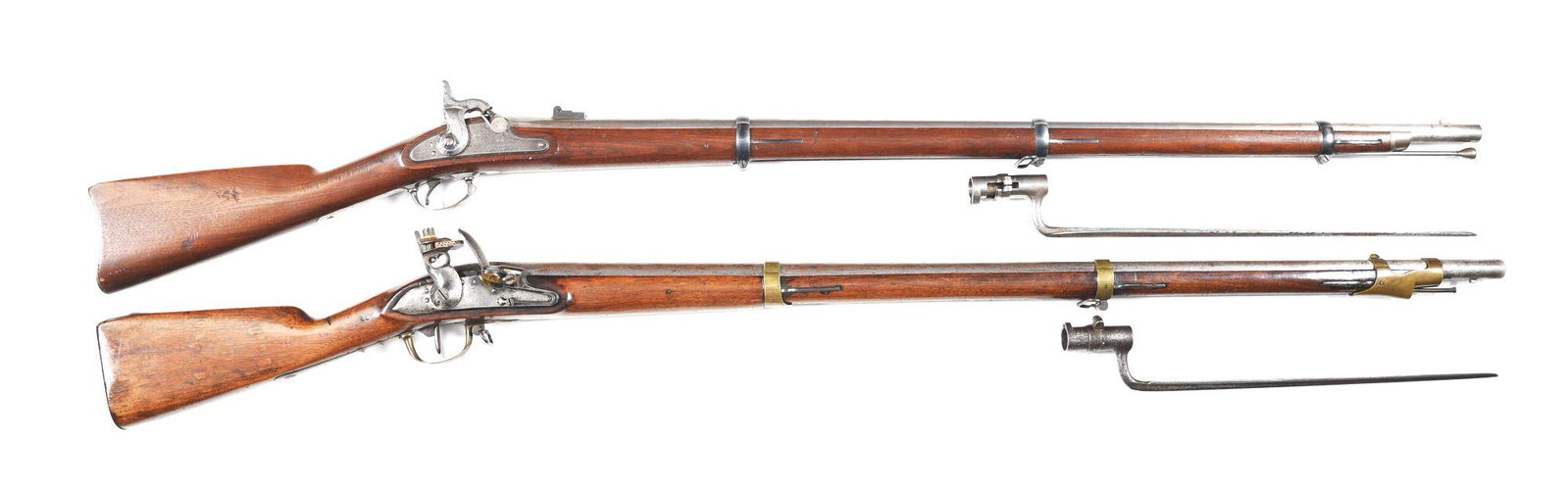 (A) LOT OF 2: SPRINGFIELD 1863 PERCUSSION AND BELGIAN: Lot consists of: (A) Springfield Model 1863 percussion rifled musket dated 1864. In the white finished rifled round barrel with integral pinned front sight and rear 2 leaf Model 1858 flip sight dated 