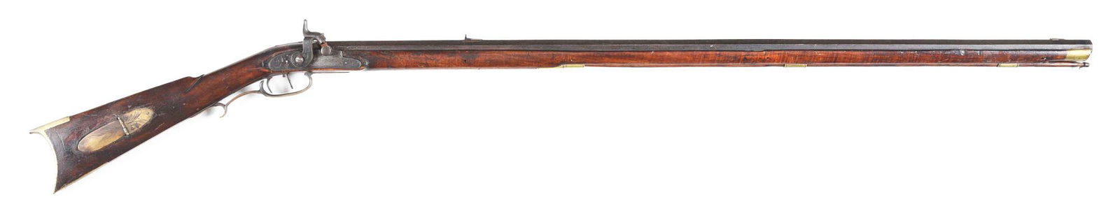 (A) P. SMITH HUNTINGDON COUNTY PERCUSSION KENTUCKY: Percussion Kentucky style rifle made by Peter Smith II Ennisville, Huntingdon County Pennsylvania circa 1850. Full octagon rifled barrel with rifle style sights and signed in script "P S" for Peter Sm