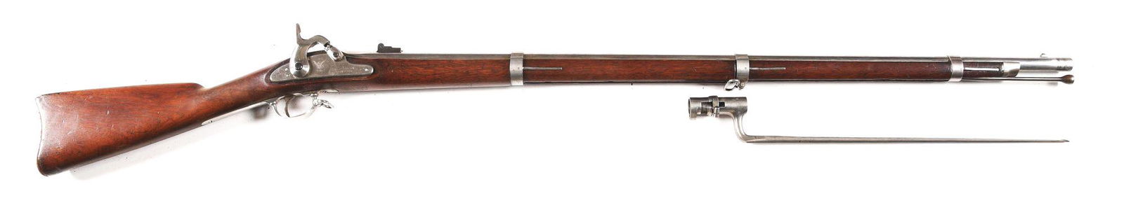 (A) E. ROBINSON 1863 PERCUSSION RIFLED MUSKET.: Total quantity of about 30,000 manufactured by Edward Robinson in New York. 40" round barrel in .58 caliber with 2 leaf rear sight and blade front. Barrel is dated 1863 with typical "V / P / (Eagle)"