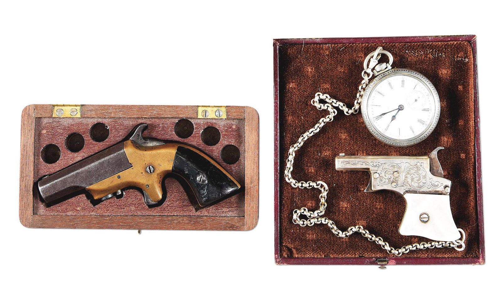 (A) LOT OF TWO: BRASS FRAMED SINGLE SHOT DERRINGER AND: Lot consists of (A) Brass framed derrigner with partially octagonal barrel. Diminutive German silver blade front sight. Brass frame, smooth walnut grips retained by central screws. Housed in a custom 
