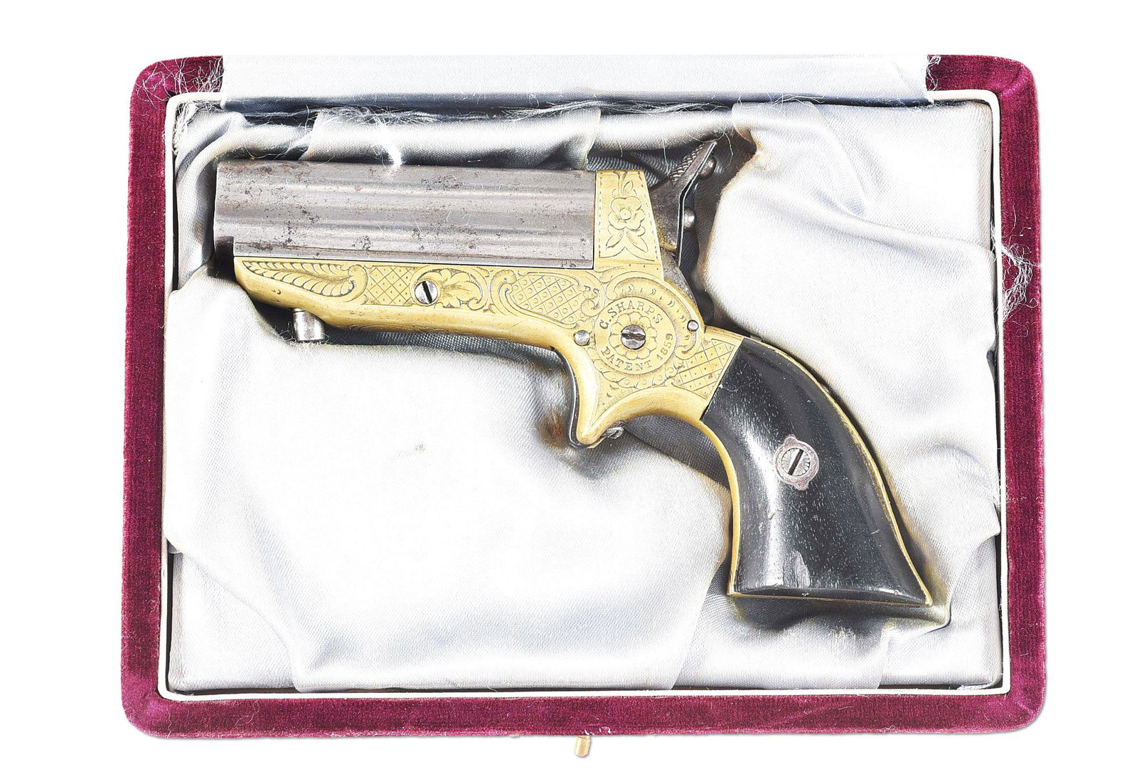 (A) ENGRAVED BELGIAN COPY OF A SHARPS FOUR BARREL: An interesting period copy of a Sharps Model 1A derringer marked on both sides of the frame "C. SHARPS PATENT 1859". 2-1/2" .22 caliber blued steel barrel cluster with micro groove rifling. Marked on 