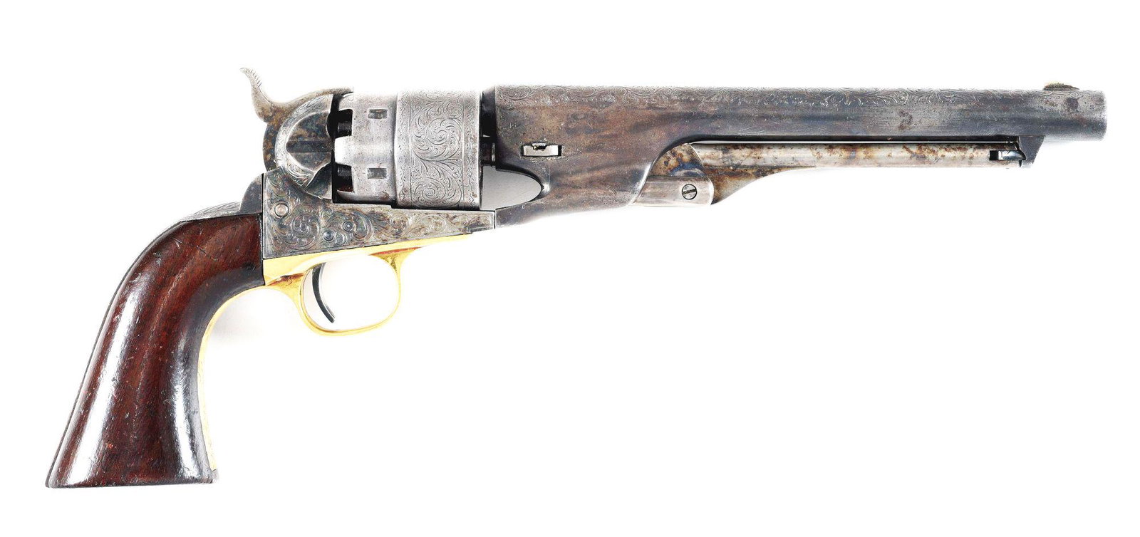 (A) CUSTOM ENGRAVED COLT 1860 ARMY REVOLVER.: Matching numbers or partial number observed on frame, trigger guard assembly, butt, and barrel assembly. Classic configuration with 8" round barrel, six shot rebated cylinder, one piece walnut stocks.