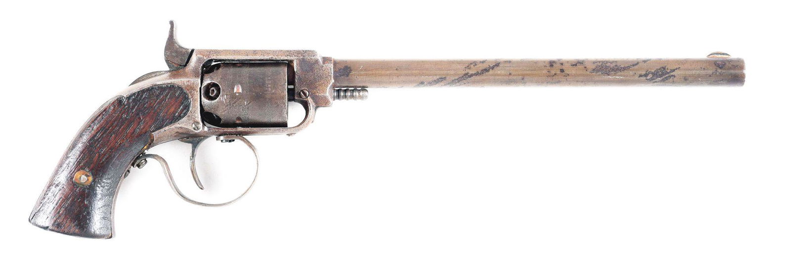 (A) WARNER .28 CALIBER PERCUSSION REVOLVER.: Percussion revolver made by James Warner, Springfield, Massachusetts from 1857 to 1860s. Unusual round rifled 8" barrel with blade front sight with top frame marked "James Warner Springfield, Mass. U.