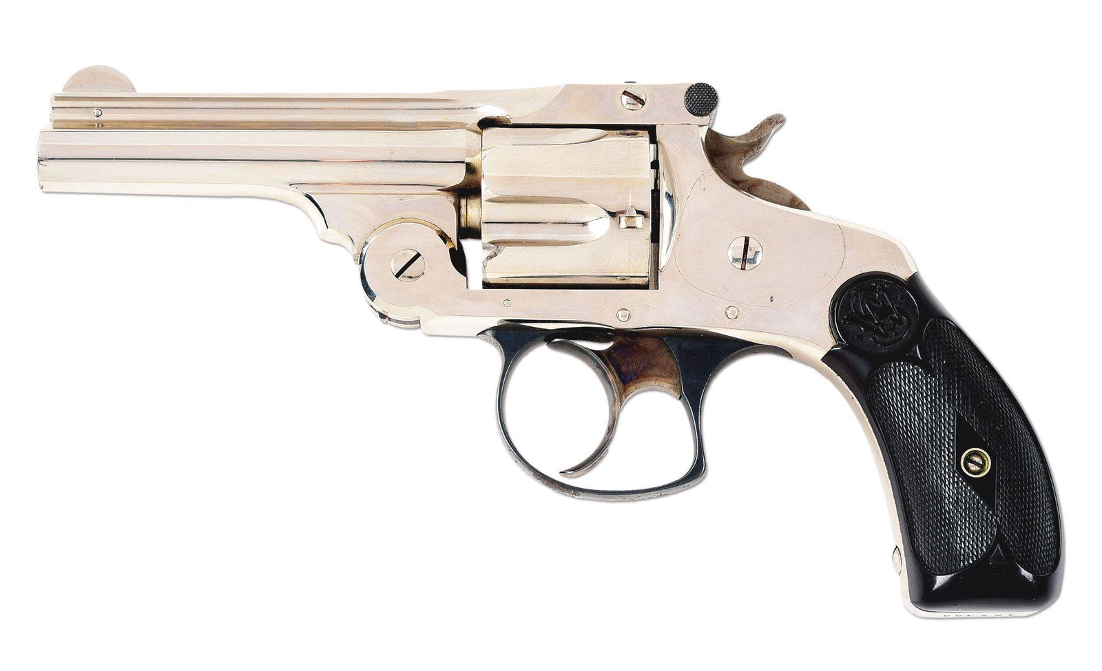 (A) FINE SMITH & WESSON .38 DOUBLE ACTION REVOLVER WITH: Smith & Wesson Model .38 Double Action revolver with box. Made circa 1887. Standard patent dates on the barrel rib. Matching serials on the butt, cylinder, barrel lug, and top latch. Round barrel with