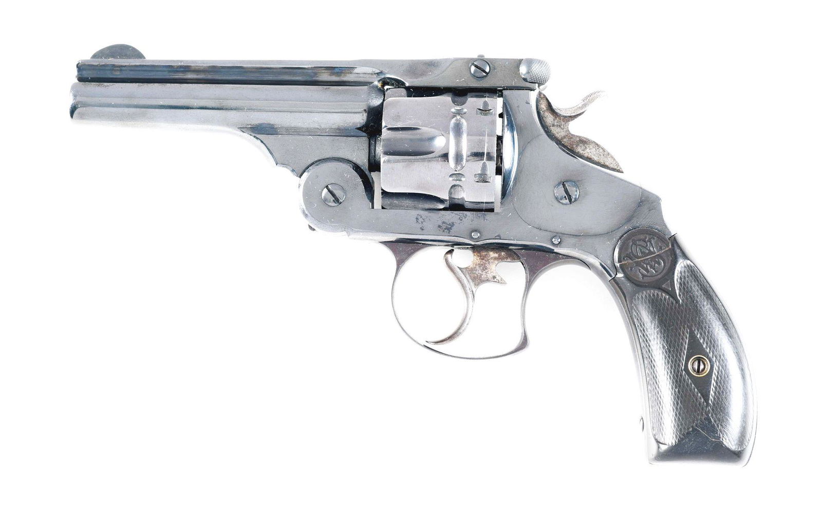 (A) SMITH AND WESSON NO. 3 DOUBLE ACTION REVOLVER.: Round fluted barrel with half moon front sight and notch rear mounted to latch. Cylinder with vertical fluting and horizontal fluting. Hard rubber grips. CONDITION: Fine as completely restored with br