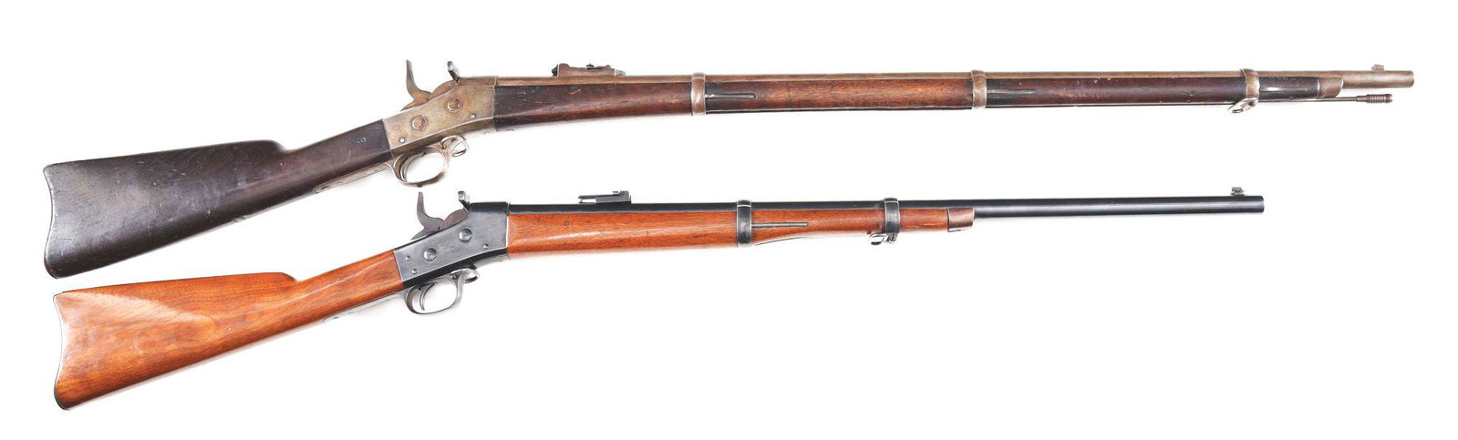 (A) LOT OF 2: REMINGTON ROLLING BLOCK AND SPRINGFIELD: Lot consists of (A) Remington Model 1871 Rolling Block single shot 3 band rifled musket made from 1867-1888. Round rifled barrel with pinned integral blade front sight and flip rear sight graduated to