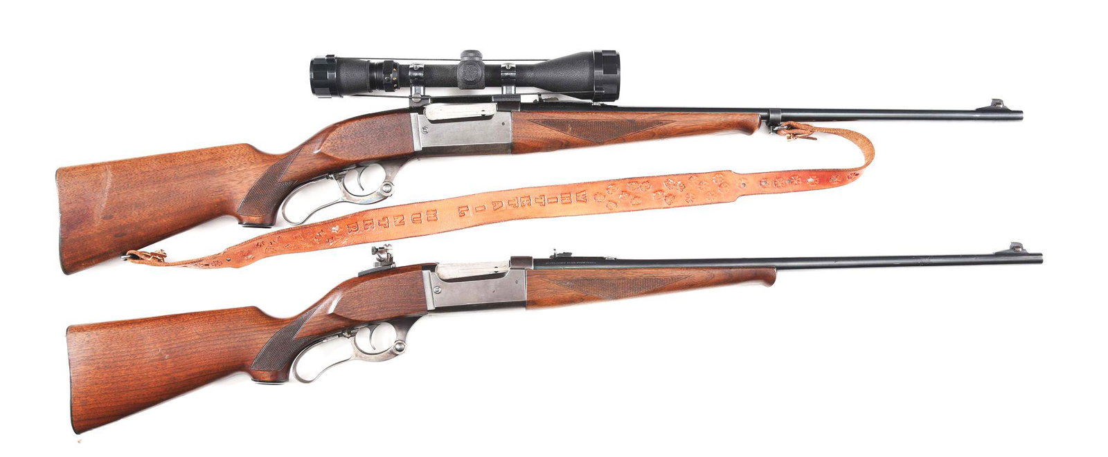 (M) LOT OF 2: SAVAGE 99 LEVER ACTION RIFLES.: Lot consists of (A) Savage Model 99 lever action rifle. Made 1952. Chicopee Falls barrel address with "HI-PRESSURE STEEL-PROOF TESTED" marked on the right side. Savage proof on the left side of the ch