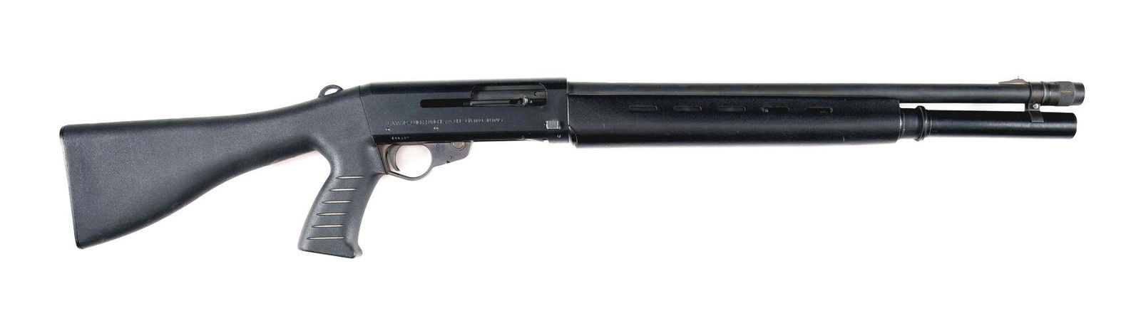 (M) FRANCHI LAW 12 SEMI AUTOMATIC SHOTGUN.: Semi-automatic only shotgun developed as a cheaper version of the SPAS-12 and marketed to law enforcement. 8+1 capacity, with vent forearm, pistol grip, brass bead front sight, and black synthetic fur