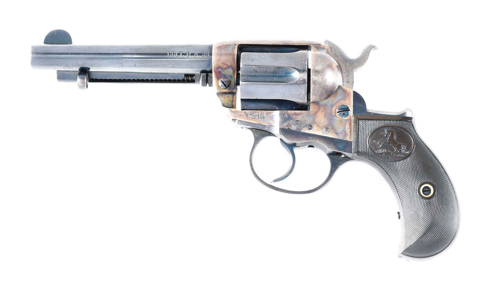 (C) COLT 1877 LIGHTNING .38 COLT DOUBLE ACTION: Manufactured in 1903. This was Colt's first attempts at a double action revolver. Blue and case hardened with hard rubber grips. 2 line address on top of the barrel and a roll die caliber marking on t