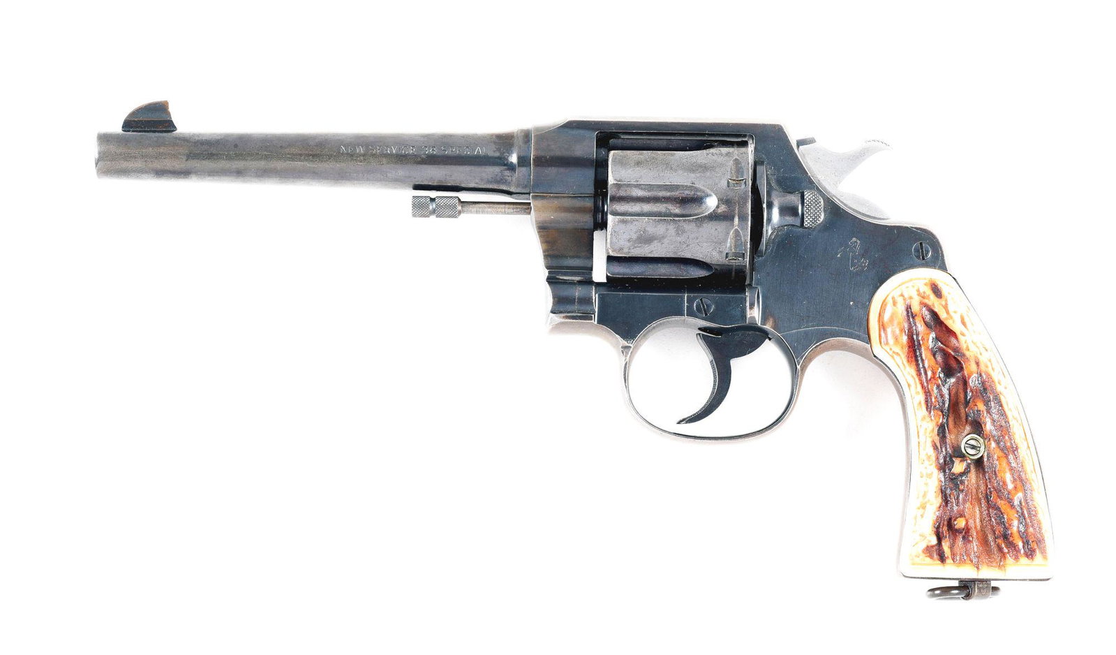 (C) NEW YORK CONSERVATION DEPARTMENT COLT NEW SERVICE: Manufactured in 1932, this Colt New Service revolver features all blue finish, and it mounted with replacement 2 piece stag grips. The 6" tapered barrel features a fixed blade front sight and a notche