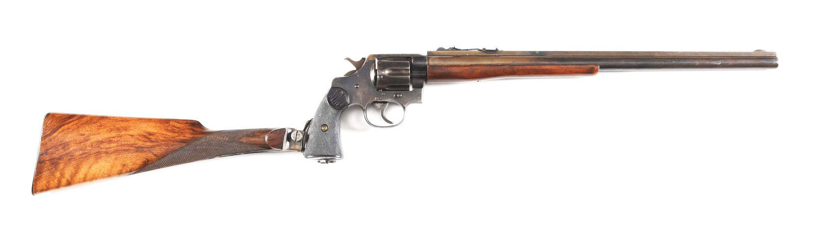 (C) UNIQUE COLT NEW SERVICE REVOLVER CONVERTED TO A: Originally manufactured as a Colt New Service double action revolver in 1910. At a later date converted with 19" round barrel with solid rib, half moon front sight, adjustable U-notch rear sight and "