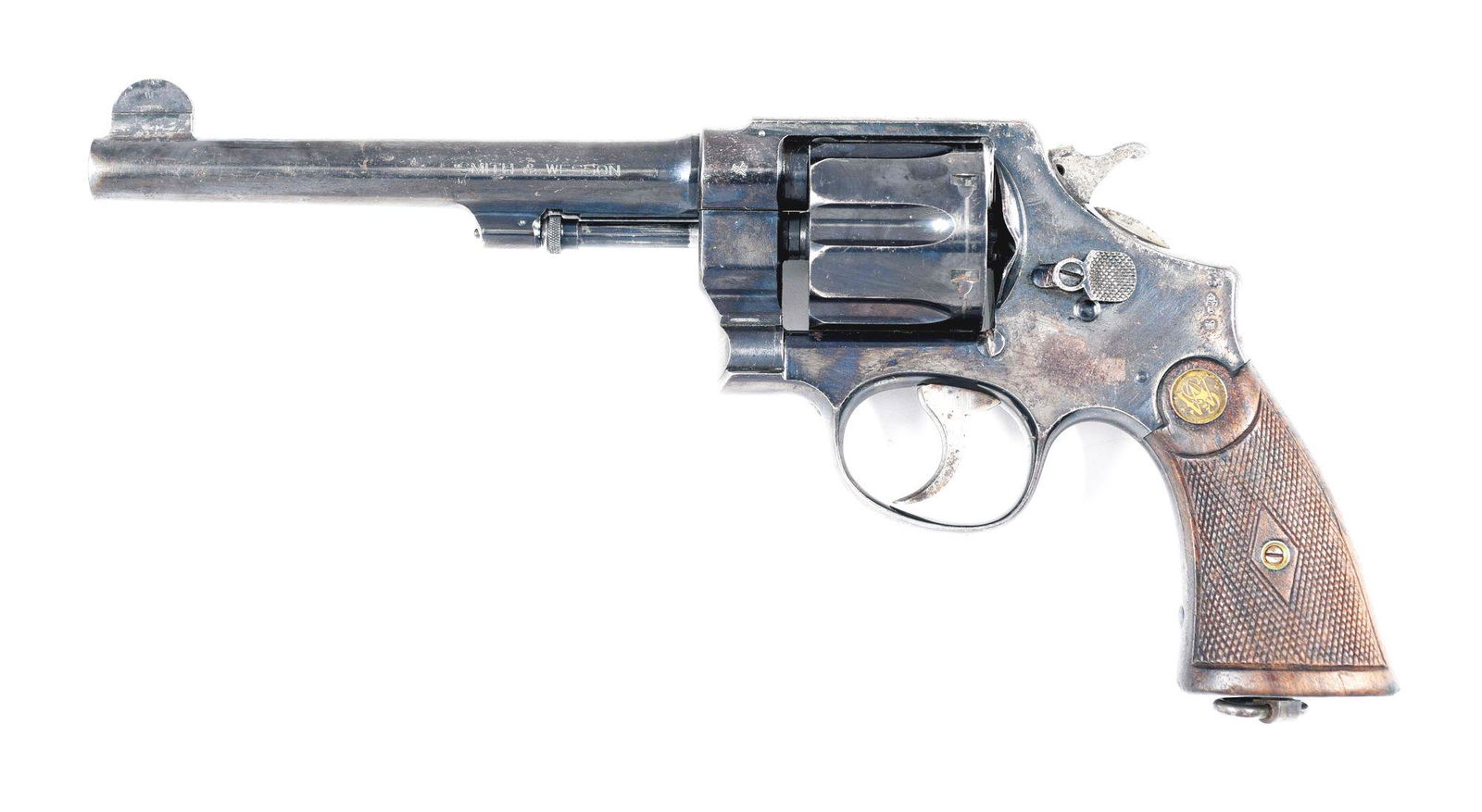 (C) SMITH & WESSON .455 SPECIAL 2ND MODEL HAND EJECTOR: Classic configuration with large half moon front sight and notch rear sight on top strap. Normal S&W rollmarks throughout with added British crossed flags just ahead of forcing cone, and and "(Broad A