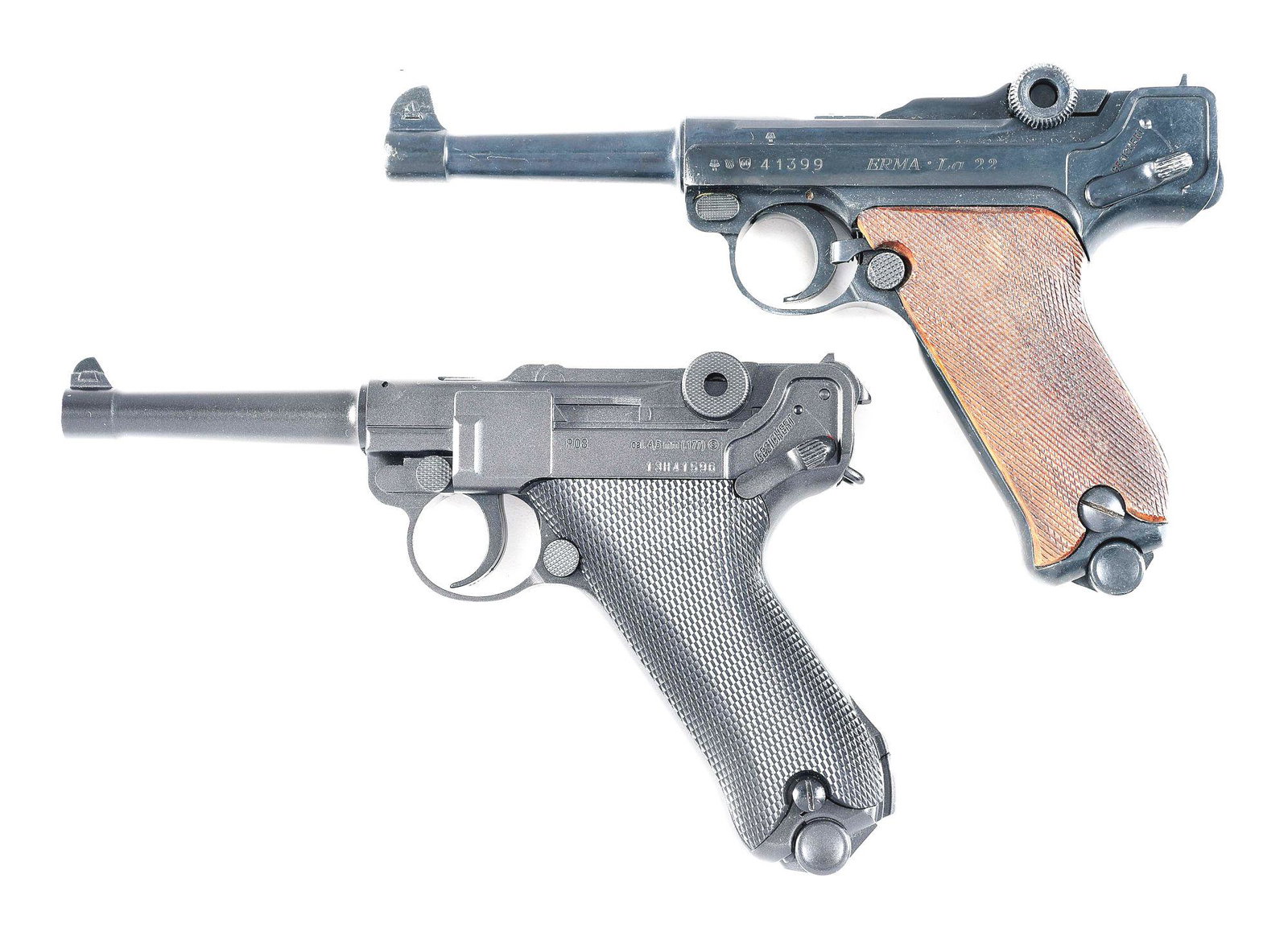 (C) LOT OF 2: ERMA LA-22 SEMI AUTOMATIC PISTOL AND: Lot consists of: (A) Erma-Werke LA-22 reproduction of the classic P.08 Luger design manufactured from 1964-1967, with this example dated 1966. 4-1/2" blued barrel chambered for .22 LR. Fixed front and