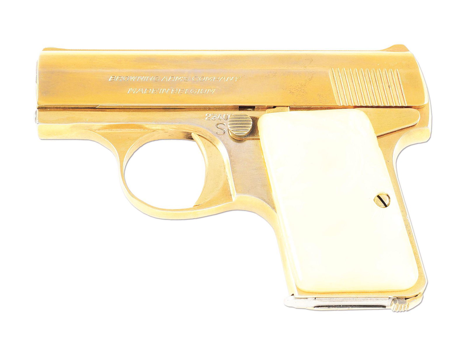 (C) GOLD PLATED BROWNING BABY SEMI AUTOMATIC POCKET: Gold plated Baby Browning Semi Automatic pistol with factory sleeve. Made 1961. Left side of the slide is marked "BROWNING ARMS COMPANY/MADE IN BELGIUM". Belgian proofs on the frame, slide, and barrel