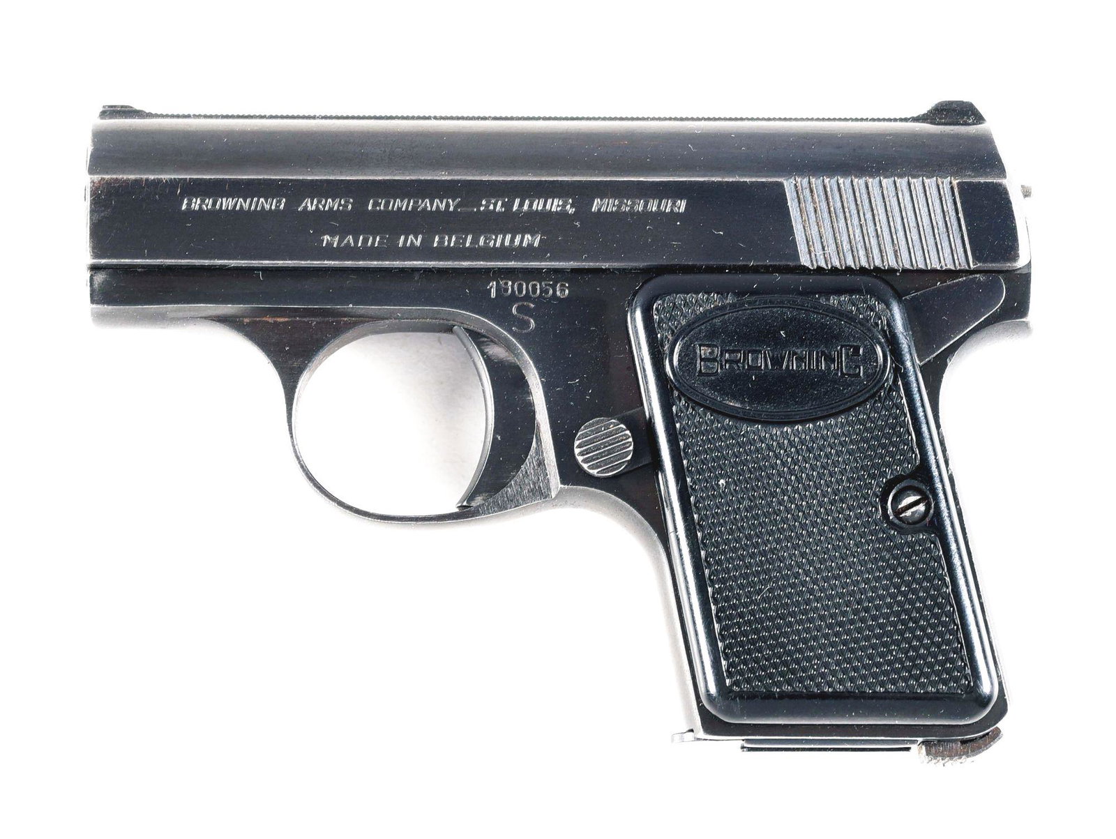 (C) BABY BROWNING SEMI AUTOMATIC POCKET PISTOL WITH: Baby Browning semi automatic pocket pistol with case. Made 1958. Left side of the slide is marked "BROWNING ARMS COMPANY-ST. LOUIS, MISSOURI/MADE IN BELGIUM". Belgian proofs on the frame, slide and ba