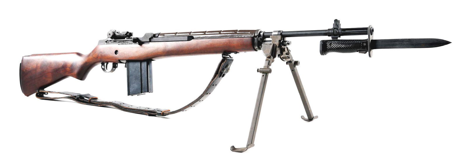 (M) PRE-BAN ARMSCORP NATIONAL MATCH M14 SEMI AUTOMATIC: Pre-ban Armscorp M14 semi automatic rifle with bayonet. Made 1990 by Armscorp of America, Baltimore, Maryland. Receiver heat marked with company logo. Barrel looks to be unmarked, minus "NM" behind th