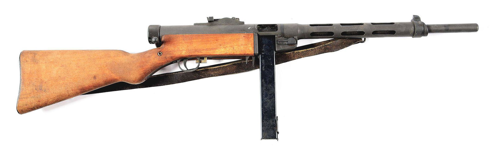 (M) TNW SOUMI M31 SEMI-AUTOMATIC RIFLE WITH: TNW Semi-auto Soumi in 9mm with 3 drums and 1 stick magazine, 4 coffin magazines in leather carrier with loading tool and oil canisters. CONDITION: Overall appearance and finish is near excellent as r
