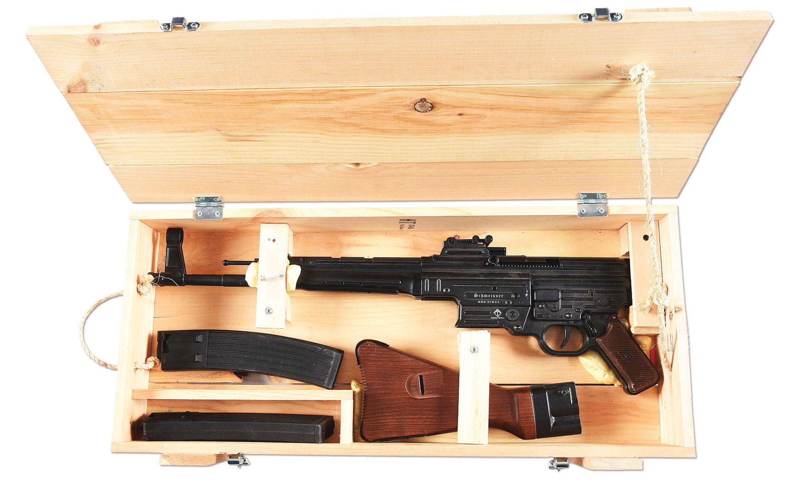 (M) GERMAN SPORT GUNS STG-44 SEMI-AUTOMATIC RIFLE WITH: German made modern semi automatic .22 caliber reproduction of the classic World War II German STG-44 assault rifle. 17 - 1/4" blued barrel mounted with hooded blade front sight and tangent rear. Softw