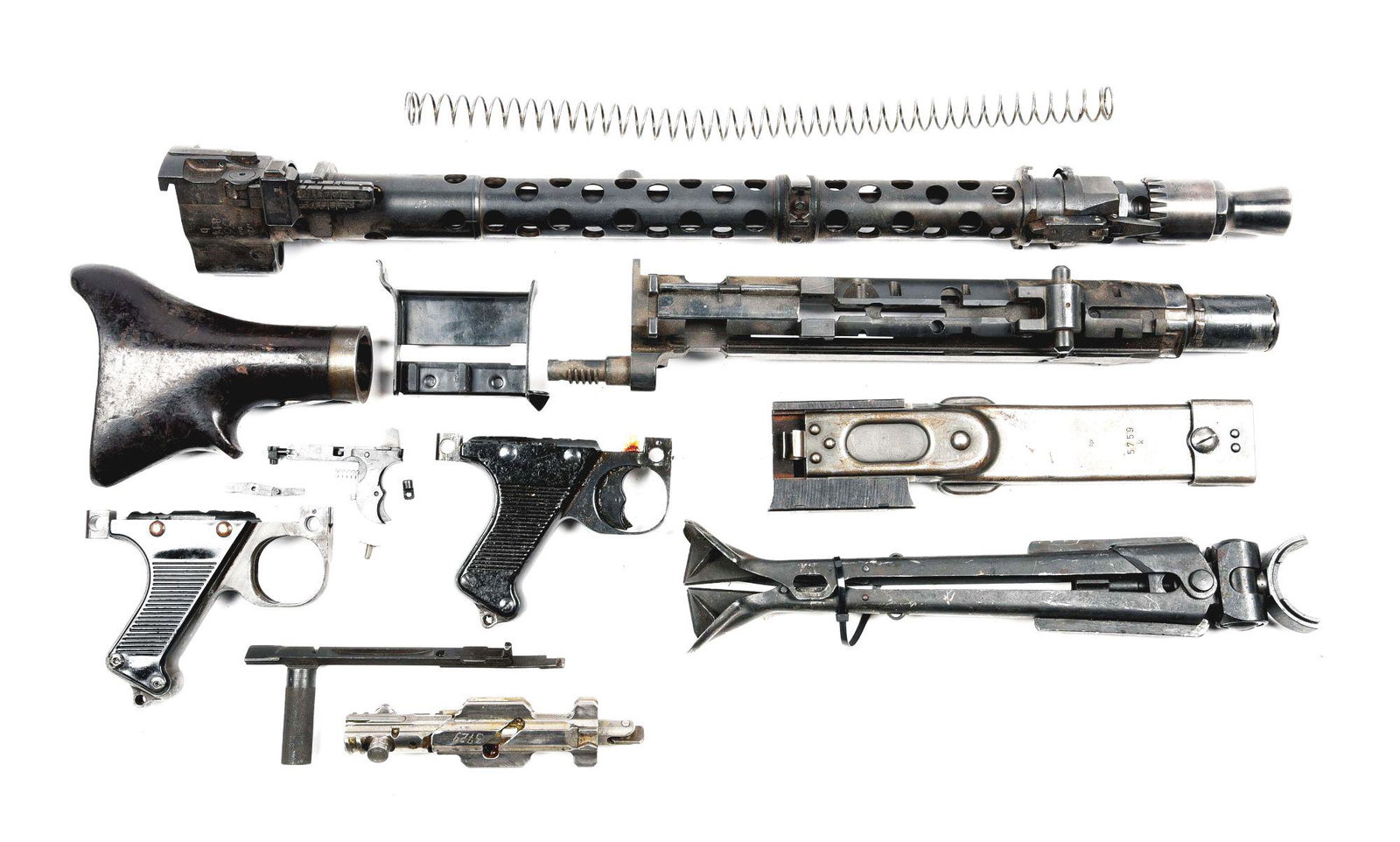 GERMAN MG-34 MACHINE GUN PARTS LOT WITH REWELDED: Rewelded German receiver number 9180b at rear with bipod marked 98e, barrel jacket marked "ar" 41. Shroud 8811 renumbered to 6983 with Nazi marked barrel, mismatched buffer and mismatched bakelite but