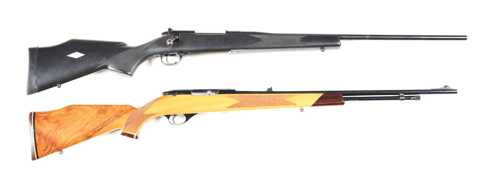 (M) LOT OF 2: WEATHERBY RIFLES.: Lot consists of: (A) Standard Weatherby bolt action rifle that was manufactured in Japan and is chambered for .270. Features include a 24" round barrel, black synthetic stock with sling swivels, and i