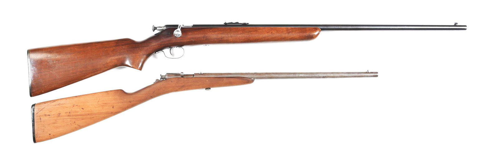 (C) LOT OF 2: WINCHESTER MODEL 67 AND MODEL 99 THUMB: Lot consists of: (A) Winchester 67 bolt action single shot .22 caliber rifle made circa the 1950s. Blued round rifled barrel with dovetail front sight and stamped dovetail adjustable sight. Plain waln