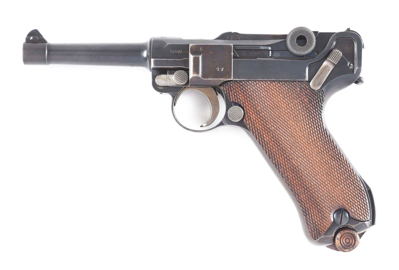 (C) GERMAN WWI DOUBLE DATE NAVY LUGER REWORKED TO A: Manufactured in 1918, this Luger started life as a Model 1914 Navy Luger, and was later reworked in accordance with the Treaty of Versailles in 1920. Rebuilt and reblued during the rework process, thi