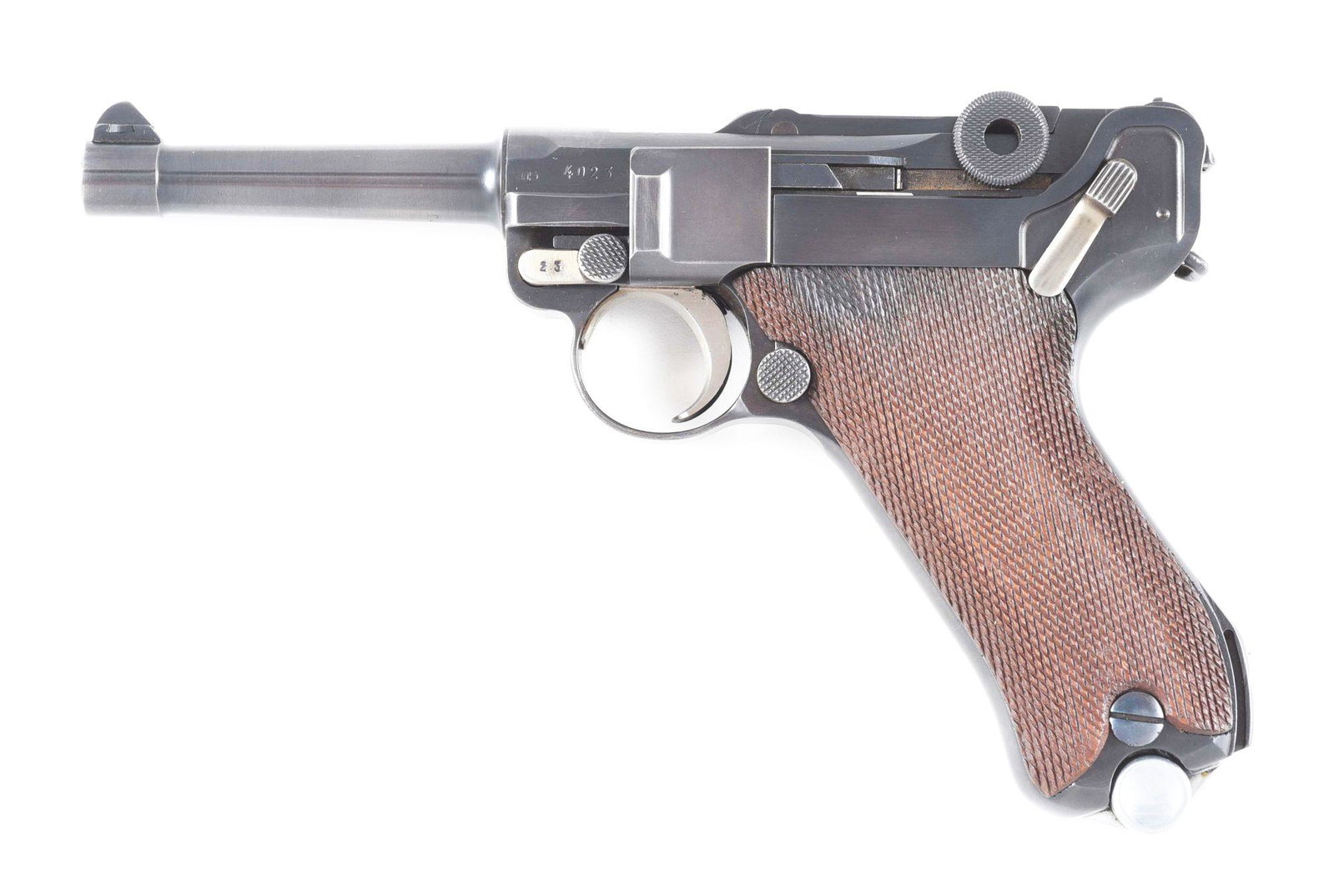 (C) MAUSER BANNER 1936 DATE COMMERCIAL LUGER: 1934 Commercial Luger manufactured in 1936 by Mauser for commercial sales within and outside of Germany. The receiver is marked "1936" over the chamber, with Mauser Oberndorf crown over "U" proofs pre