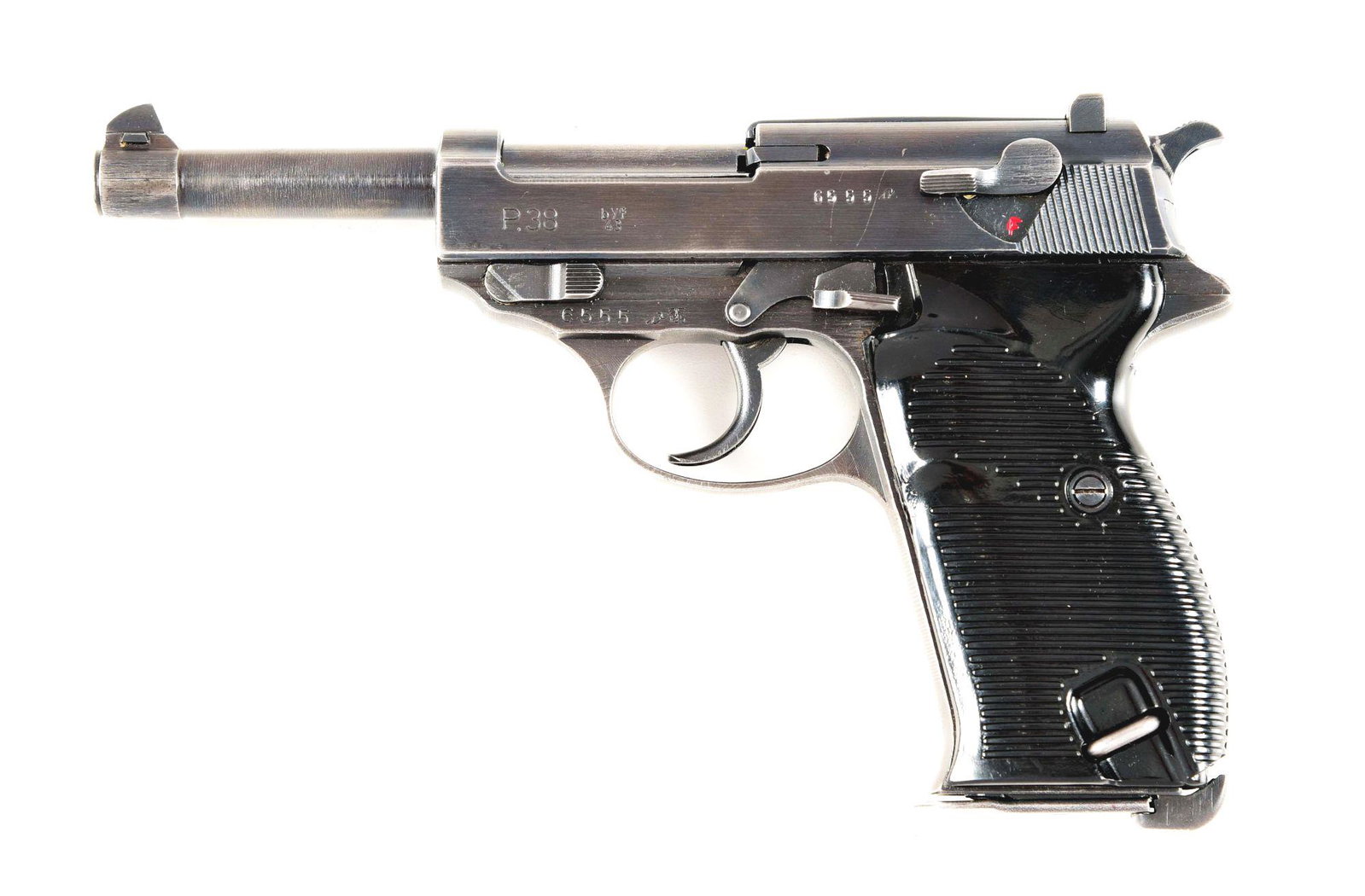 (C) GERMAN MAUSER BYF 43 CODE P.38 SEMI AUTOMATIC: German Mauser byf 43 Code P.38 semi automatic pistol. Made 1943 at the Mauser factory. "(Eagle)/135" Waffenamts on the frame, slide and barrel. No import mark found. Matching serials on the frame, bar