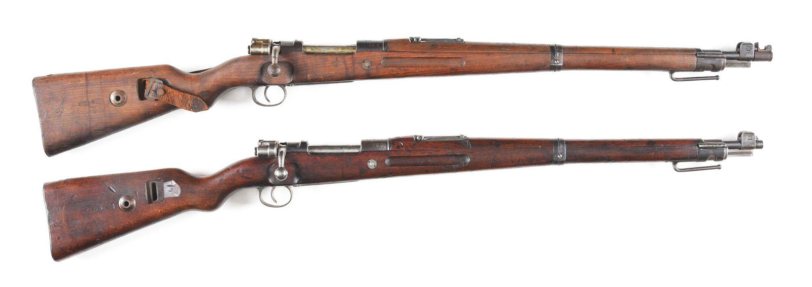 (C) LOT OF 2: ERFURT KAR98 BOLT ACTION RIFLES.: Lot consists of: (A) Mauser model "KAR98" made in Erfurt in 1918 and marked with serial number "326". Military round rifled barrel with original protected blade front sight with graduated rear flip si