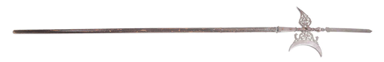 PIERCED EUROPEAN STYLED HALBERD, POSSIBLY FOR PARADE: Head with 8 - 1/2" crescent moon cutting edge pierced through with designs of dragons and mythical monsters, 4" fluke pierced en suite before coming to a four sided tip. Bulbous tip is threaded for us