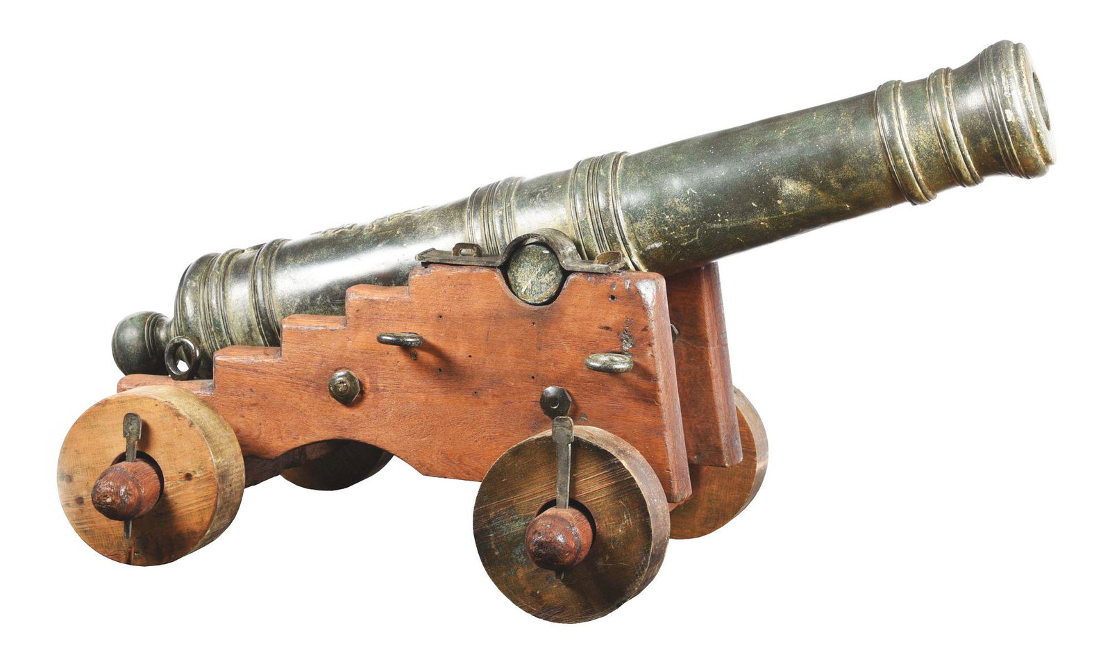LARGE FUNCTIONAL REPRODUCTION BRONZE VOC NAVAL CANNON: The large tapered bronze tube measures about 50 - 1/2" including the cascabel. Bore measures 3". Trunnion to trunnion measures about 13". The bronze tube features a relief ship on top, near breech, as