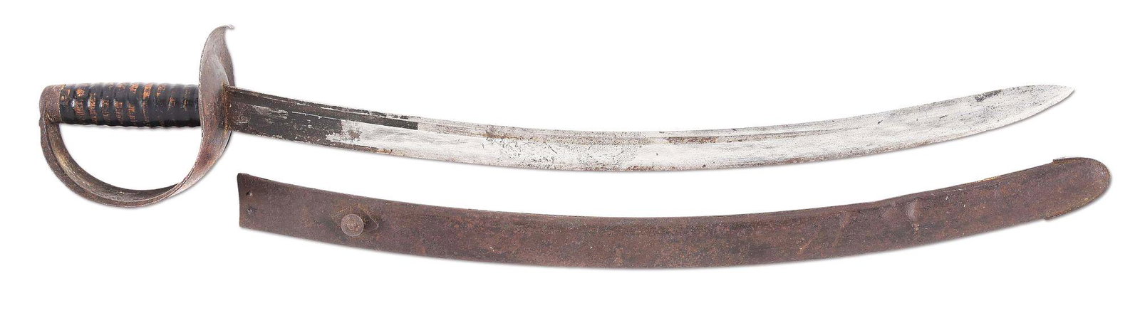 SCARCE STARR 1826 US NAVAL CUTLASS AND SCABBARD.: Just 2,000 of these were contracted for in 1826 and delivered in 1827. Cutlass and scabbard are standard configuration with iron guard extending from flat disc pommel, widening to convex bowl with edg