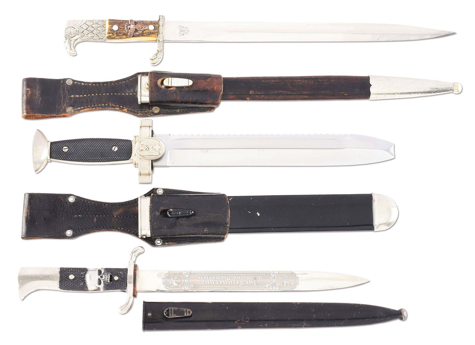 LOT OF 3: THIRD REICH RED CROSS HEWER DAGGER, POLICE,: Lot contains: (A) Third Reich police bayonet with a "ALCOSO" double-marked nickel-plated steel blade which has been cut down from an Imperial German police bayonet. Blade has very light scattered mark