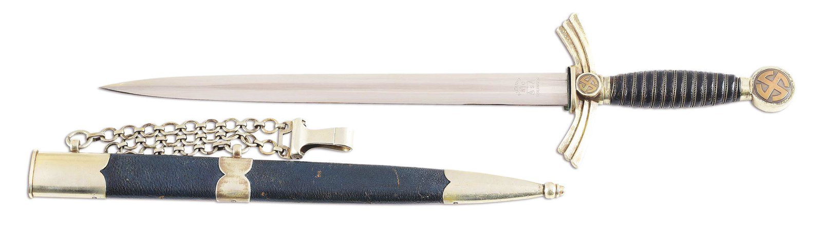 THIRD REICH FIRST MODEL LUFTWAFFE DAGGER: Third Reich first pattern Luftwaffe dagger with a "ALCOSO, SOLINGEN" marked nickel-plated blade in excellent plus condition, with light runner and scattered marks. Nickel-plated fittings exhibit heavy
