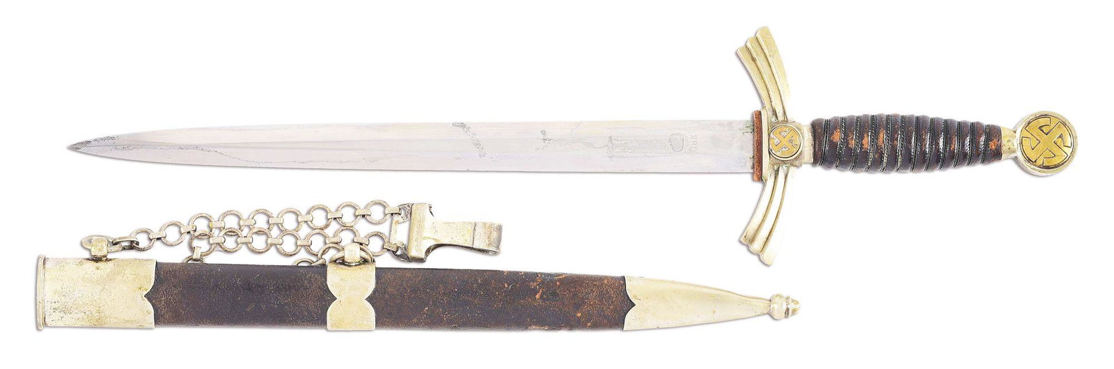 THIRD REICH FIRST MODEL LUFTWAFFE DAGGER: Third Reich first pattern Luftwaffe dagger with a "DAVID MARSH, SOLINGEN" marked nickel-plated blade with light runner and scattered marks. Approximately 35% of the blade, mainly on one side, exhibits