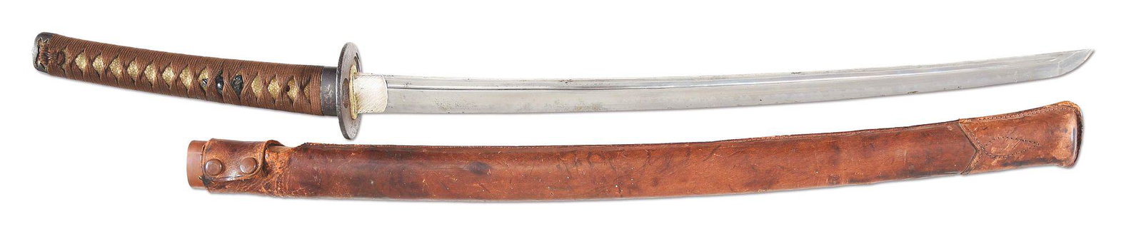 A GOOD SIGNED JAPANESE KATANA WITH CHOJI TEMPER LINE.: Ubu nakago signed in seven characters. Shingo-zukuri blade form with active choji temper line. Silver foil catscratch habaki. Fuchi with locking mechanism. Simple tsuba pierced with bird motif. Menuki
