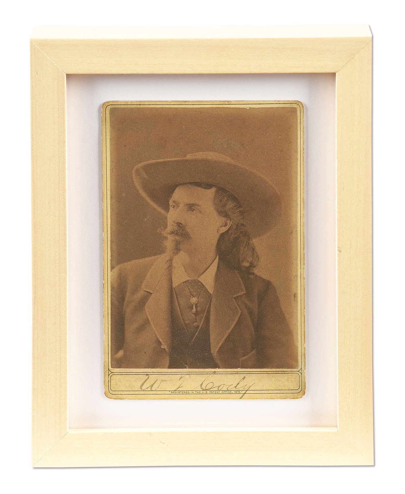 FRAMED WILLIAM F. "BUFFALO BILL" CODY CABINET CARD.: Vintage cabinet card with sharp image of William F. "Buffalo Bill" Cody. Printed signature on bottom. Photocopy of card's back is attached to the frame dust cover showing "C.D. Mosher & Co. / Historic