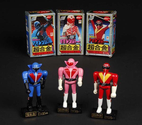 Lot of 3: Goranger Chogokin toys.: Description Japanese. Made by Popy. Series #s: GA-30, GA-31, and GA-33. Includes Chogokin Goranger Akaranger, Aoranger, and Momoranger. MIB. Complete with stands. Very rare and desirable Momoranger in